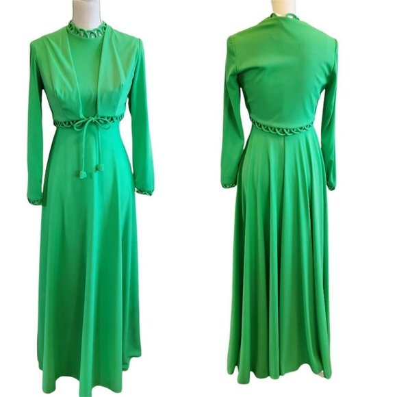 Vintage Dresses & Skirts - Vintage 70s 2‎ Piece Dress Set Green Polyester High Neck Floor Length Sz Small